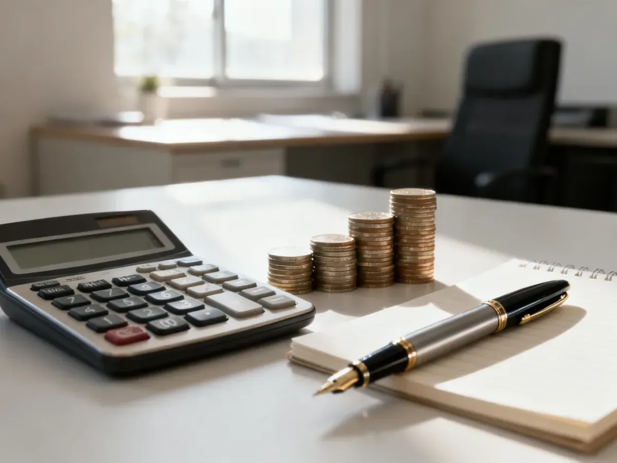 Profesjonalne biurko z kalkulatorem i monetami, symbolizujące obliczenia finansowe oraz planowanie budżetu.