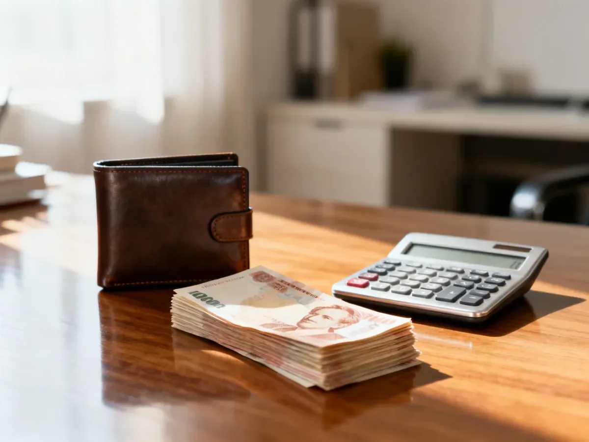 Skórzany portfel, plik banknotów i kalkulator na biurku, symbolizujące zarządzanie wynagrodzeniem i finansami.