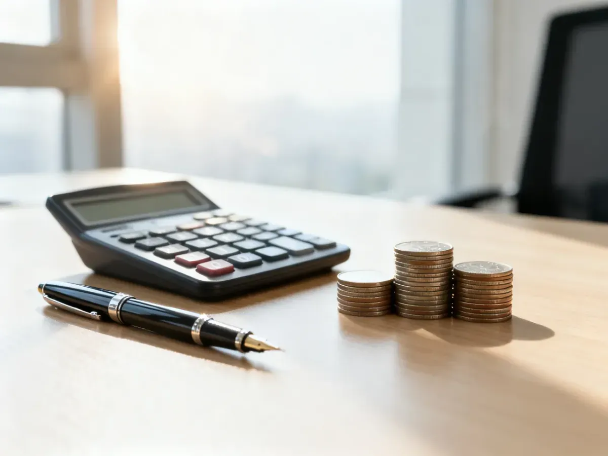 Kalkulator, pióro i monety na biurku, symbolizujące obliczanie wynagrodzenia i planowanie finansów.