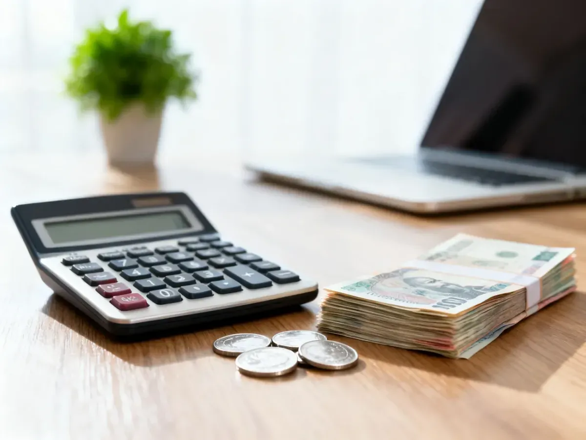 Kalkulator, banknoty i monety na biurku, symbolizujące obliczenia finansowe i planowanie budżetu domowego.